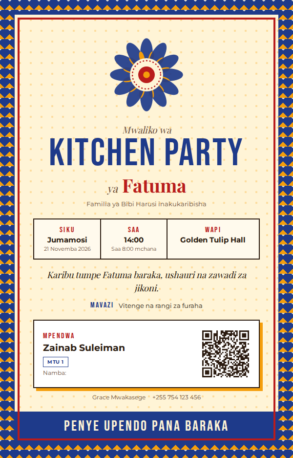 Kitchen Party — Kanga (Indigo) — mfano wa kadi ya mialiko ya KadiX