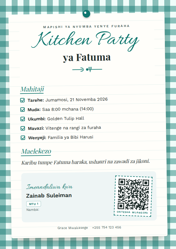 Kitchen Party — Mapishi (Teal) — mfano wa kadi ya mialiko ya KadiX