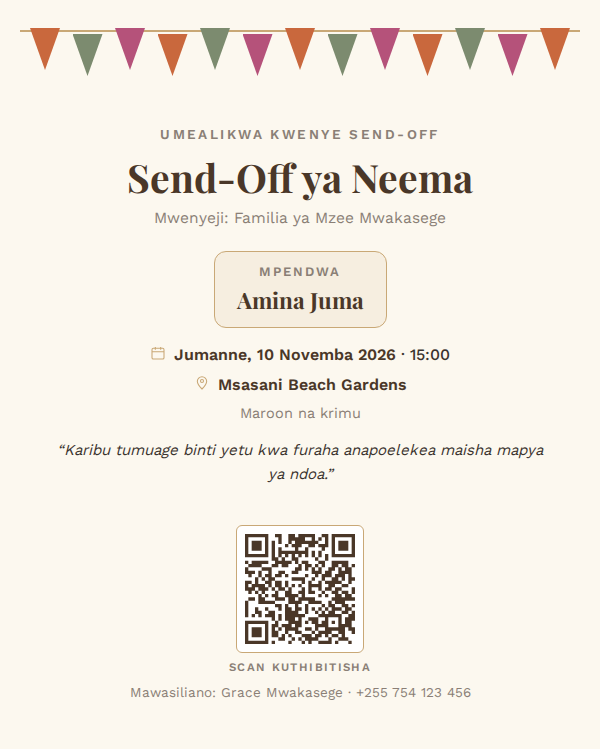 Send-Off — Farewell Party — mfano wa kadi ya mialiko ya KadiX