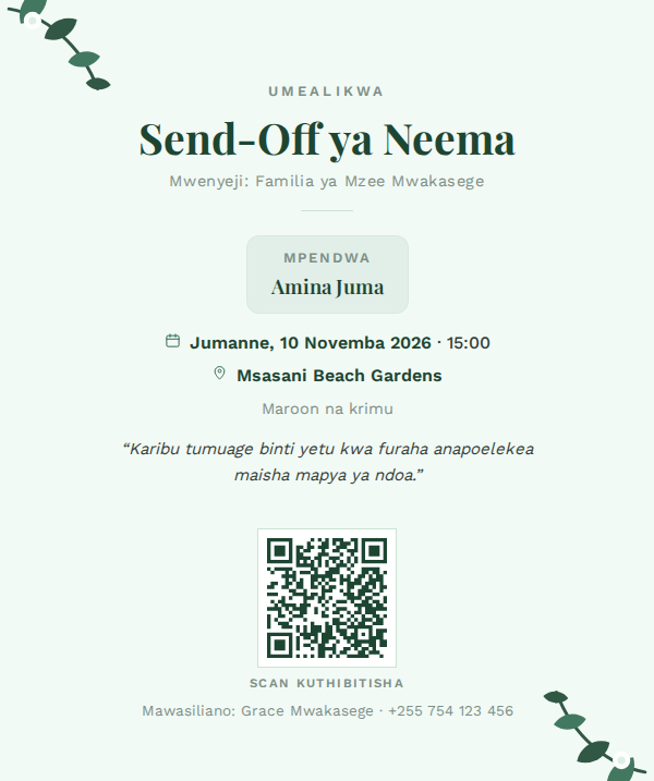 Send-Off — Green & White Floral — mfano wa kadi ya mialiko ya KadiX