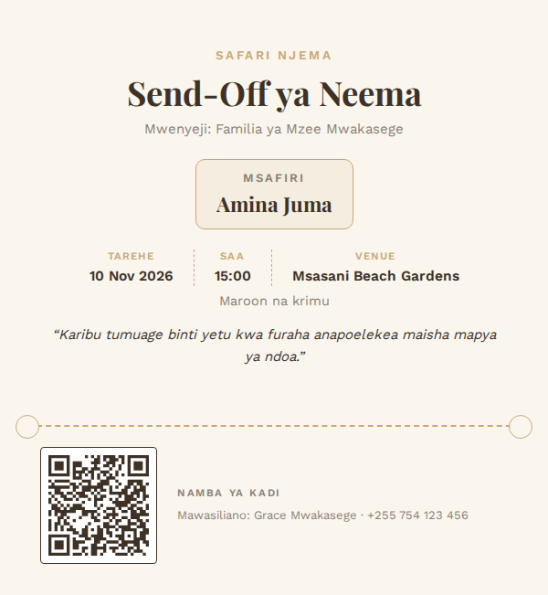 Send-Off — Boarding Pass — mfano wa kadi ya mialiko ya KadiX
